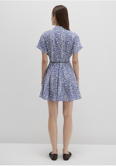 Mavi - Baskılı Beli Bağcıklı Mini Elbise 1310763-91087 Lacivert
