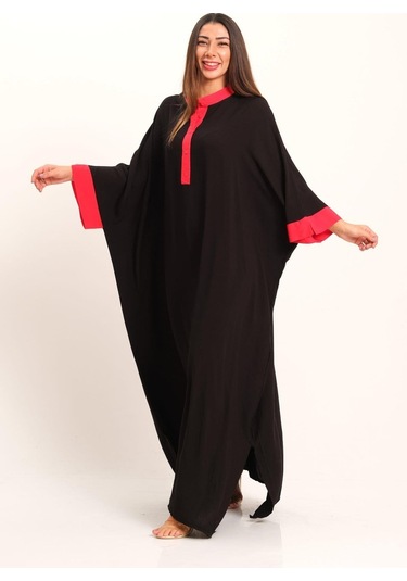 Kadın Siyah Sırtı Otantik Nakışlı Yarasa Kol Oversize Uzun Elbise - Sıyah Siyah