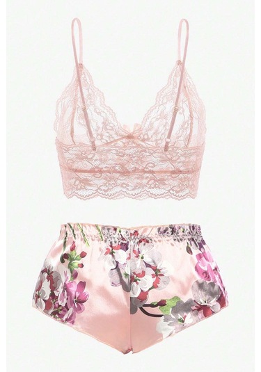 Merry See Dantel Büstiyerli Çiçekli Sütyen Şort Pijama Takımı Çok Renkli