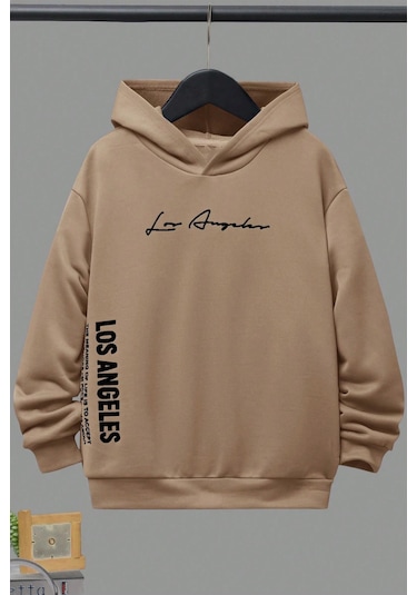 Los Angles Baskılı Erkek - Kız Çocuk Rahat Kalıp Sweatshirt Bej