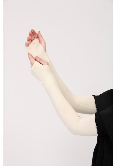 Parmak Geçmeli 45cm Likralı Penye Kolluk 1 Çift Krem