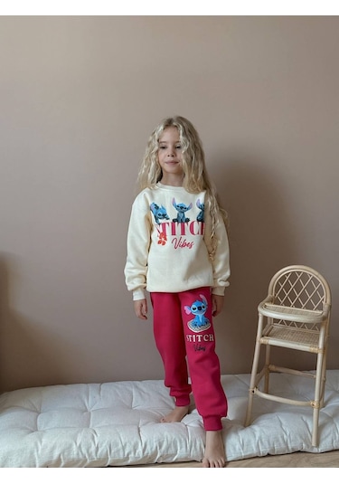 Kız Çocuk Stitch 3 İplik Şardonlu Takım Ekru