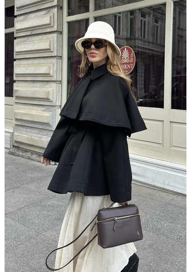 Siyah Livia Pelerin Detaylı Kaşe Kaban Siyah