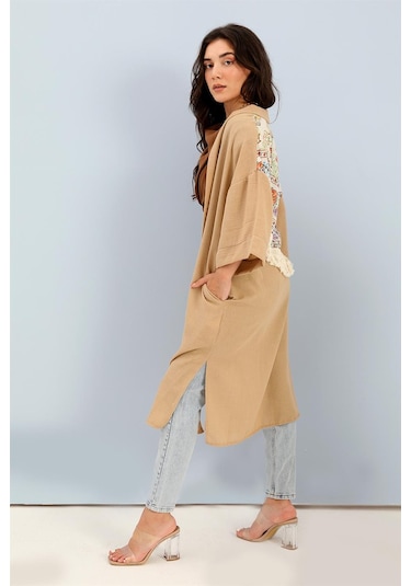 Wpr Kimono Arkası Baskılı Püsküllü Keten - Vizon-vizon Vizon