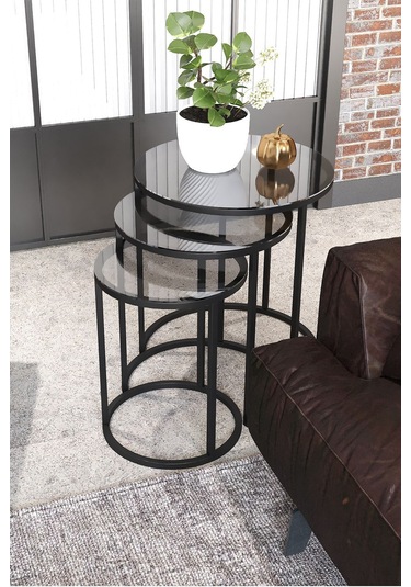 Dekoport Milas Zigon Sehpa Yan Sehpa Küçük Ölçü 38 - 31 - 26 Cm Siyah Füme