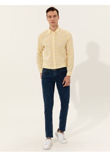 Cacharel Sarı Keten Karışımlı Slim Fit Uzun Kollu Gömlek