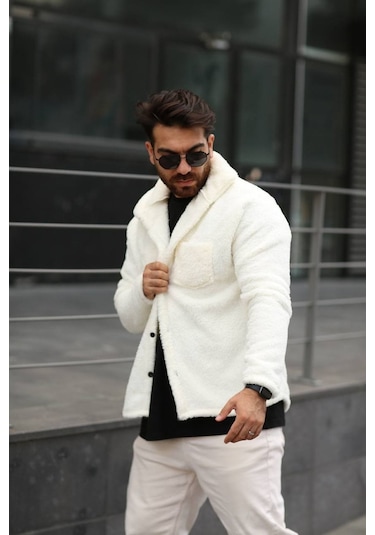 Sr Tekstil Pelüş Ceket Unisex Normal Kalıp Cep Detaylı Beyaz