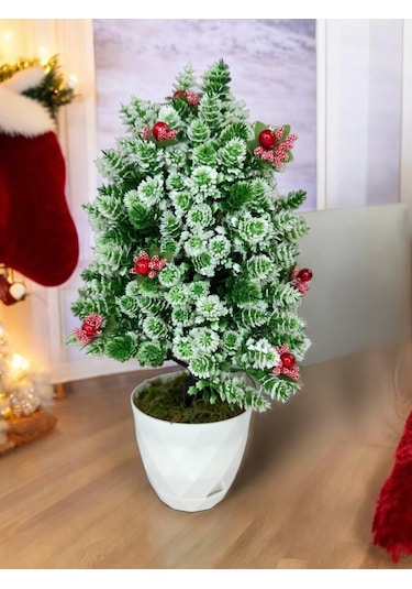 Yapay Çiçek Yılbaşı Çam Ağacı Kokinalı Karlı Kayın Beyaz Saksılı