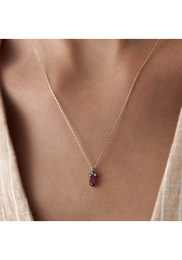Pembe Taşlı Damla Kolye Sarı