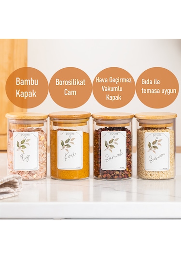 Porsima 3179 Vakumlu Bambu Kapaklı Cam Baharatlık Seti 12 Parça Şeffaf