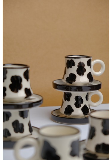 6 Lı Takım El Yapımı İnekli Kazan Seramik Kahve Fincanı, Kahve Fincanı Beyaz