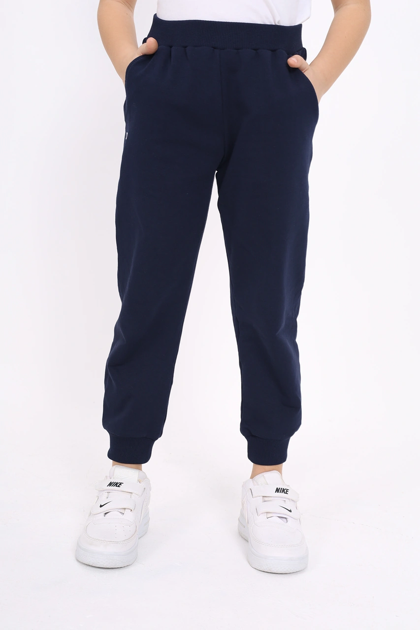Kız Çocuk Baskılı Beli Paçası Ribanalı Cepli Basic Jogger Eşofman Altı 2 İplik Lacivert