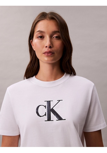 Calvin Klein Kısa Kollu Payetli Ck Grafikli Kadın Beyaz T-shirt Lv044e215g-yaa Beyaz