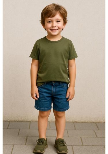 Haki Çocuk T-shirt Kız Erkek Unisex %100 Pamuk Haki