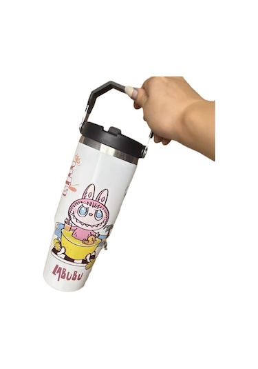 Labubu Desen 304 Paslanmaz Çelik Yalıtımlı Bardak Termos Beyaz
