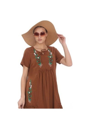 Yarım Kol Yuvarlak Yaka İşlemeli Keten Elbise-9166 Tarçın