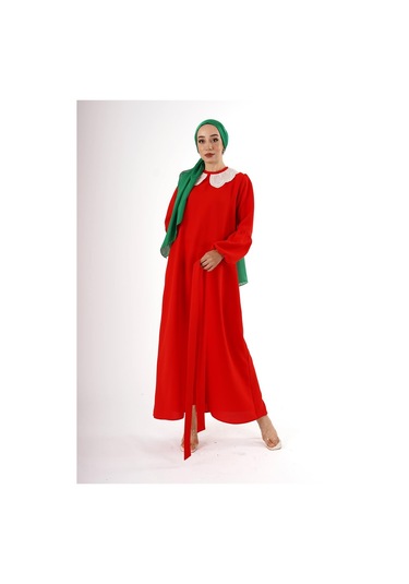 Krep Dantelli Yakalı Elbise Çok Renkli