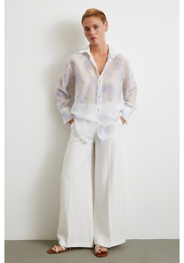 Organze Desenli Tül Gömlek Mavi Mavi