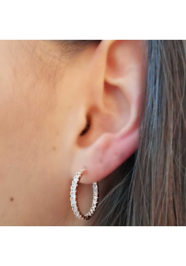 Halka Gümüş Küpe Zirkon Taşlı Rose Büyük