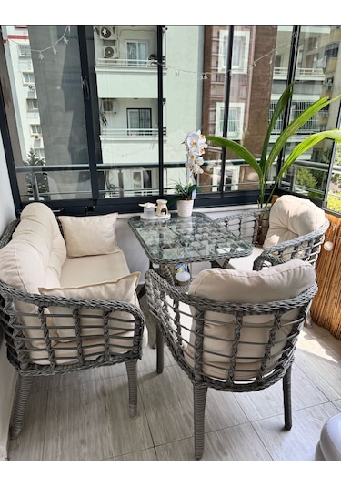 Kartepe 2 1 1 Rattan Bahçe Balkon Takımı Açık Krem