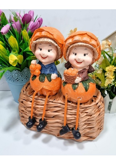 Ayakları Sallanan Portakal Kızlar Figürlü 2'li Biblo Seti Dekoratif Obje Hediyelik 24 Cm. Büyük Boy