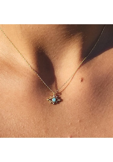 Tasarım Kirpik Nazar Boncuğu Firuze Mineli Göz Tasarım Stil Modern 14 Ayar Altın Kolye- Altın Kolye