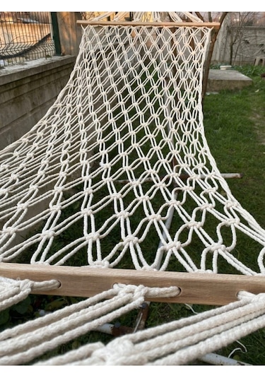 Tek Kişilik Çift Örgülü Makrome Pamuk Hamak Salıncak 95x220 Cm Beyaz