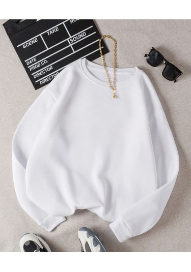 Baskısız Düz Sweatshirt - Beyaz Kalın Kışlık Şardonlu Uzun Kol Oversize Bisiklet Yaka Beyaz
