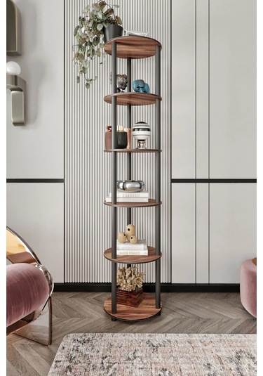 6 Katlı Dekoratif Yuvarlak Kitaplık Ceviz Ceviz