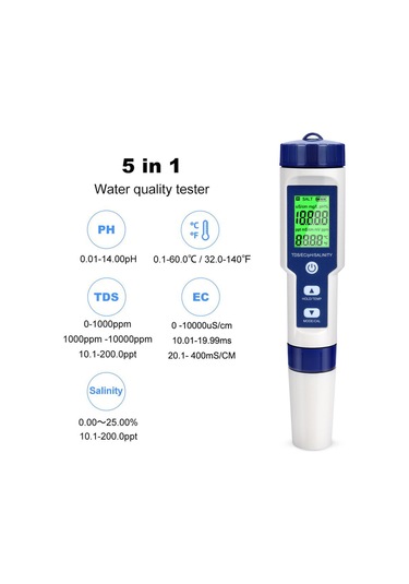 Cuteefun Dijital Ph Ölçüm Cihazı, 5'i 1 Arada Su Test Cihazı,