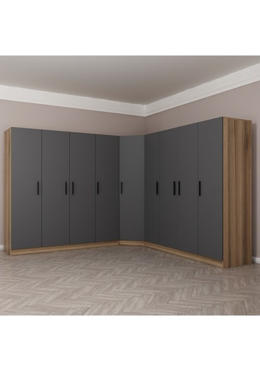 Minar Kale 9 Kapaklı 4 Ç Köşe Dolap Dore Antrasit 210cm Çok Renkli