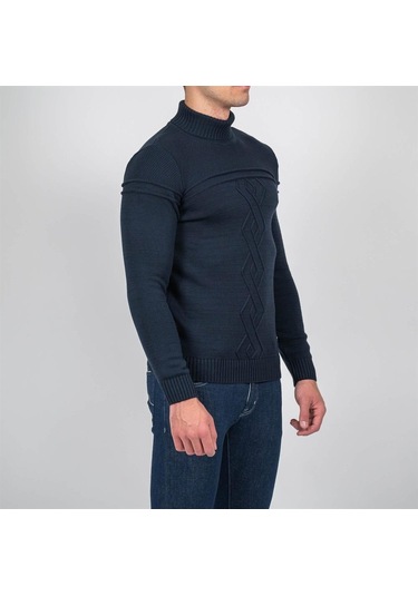 Erkek Tam Boğazlı Örgü Desenli Slim Fit Kazak Ncs Jeans 3659-Lacivert