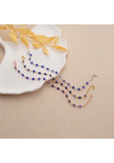Queen Silver Jewelryy 925 Ayar Gümüş Lacivert Sıralı Nazar Bocuklu Bileklik Altın