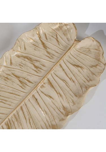 Evidea Deco Leaf Dekoratif Tabak - Beyaz / Gold - 37x16 Cm