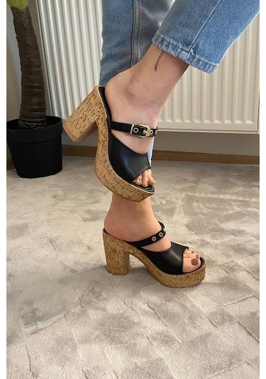 Asmi Shoes Kadın Tena Mantar Taban Platform Topuklu Terlik 10 Cm Snd456 Siyah Siyah