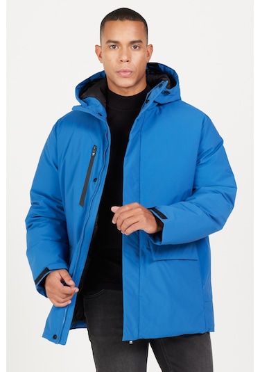 Ac&Co / Altınyıldız Classics Erkek Saks Kapüşonlu Dik Yaka Standart Fit Kaban Saks Mavi