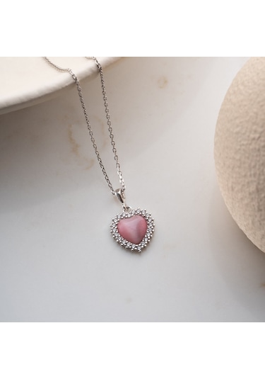 925 Ayar Gümüş Taşlı Bombeli Kedi Pembe Gözü Kalp Kolye Gümüş