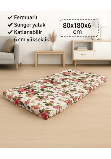 Sünger Yatak 80x180x6 Cm, Yer Yatağı, Balkon Yer Minderi,şantiye,karavan,deprem Yatağı-ingiliz Gülü