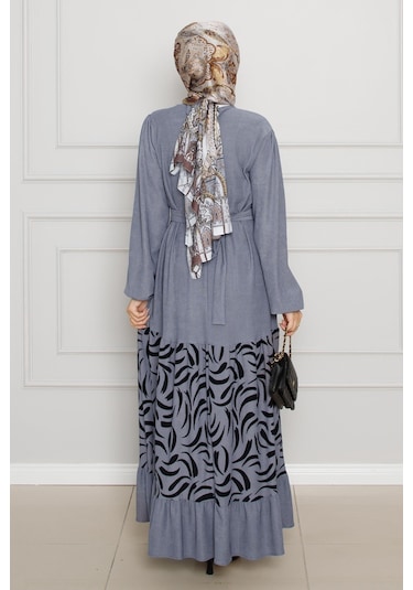 Eteği Desenli Karin Elbise-gri-4273-gri Gri