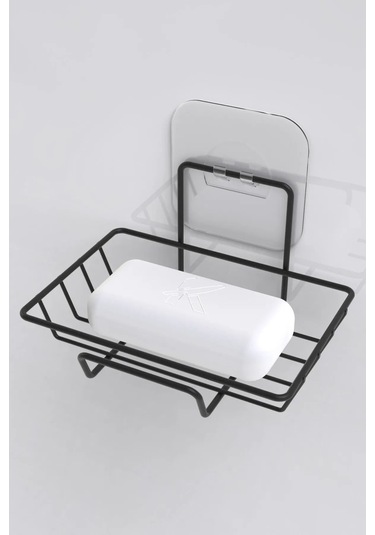 Siyah Yapışkanlı Metal Kancalı Raf Ve Sabunluk Seti Banyo Ve Mutfak Rafı Siyah