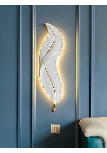 CajuArt Büyük Boy Dekoratif Tüy Şekilli Pilli Işıklı Duvar Dekoru Modern Aplik