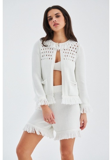 Peraluna Mıyoki Cardıgan & Shorts Mevsimlik Pamuklu Kadın Triko T Kırık Beyaz