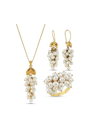 Kadın Üzümlü Doğal İnci Küpe Kolye Yüzük Üçlü Set 8 / Sarı Gümüş