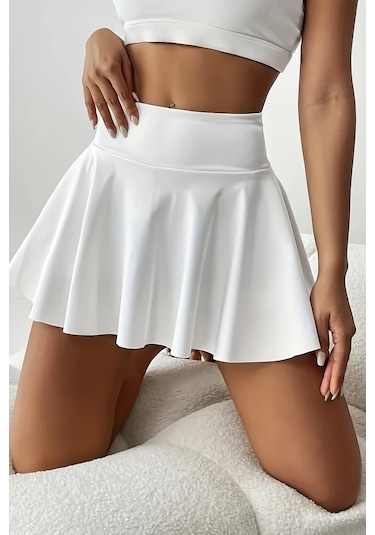 Merry See Esnek Likralı Bol Kesim Cepli Taytlı Sporcu Şort Etek - Tenis Eteği Beyaz