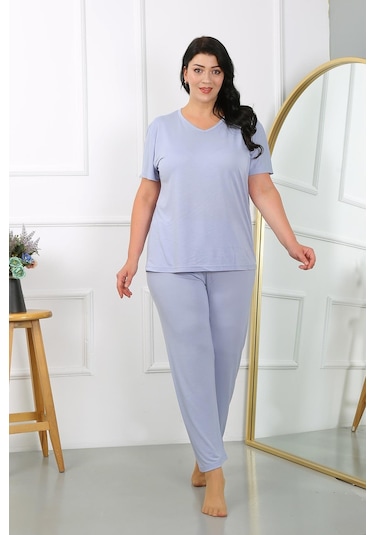 Akbeniz Kadın Büyük Beden Kısa Kol Penye Pijama Takımı Lila 202405-lila Lila