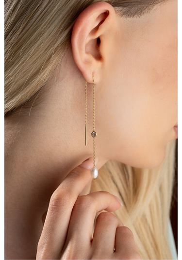 Nereze 925 Ayar Gümüş Gold Tektaş Detaylı İncili Zincir Küpe