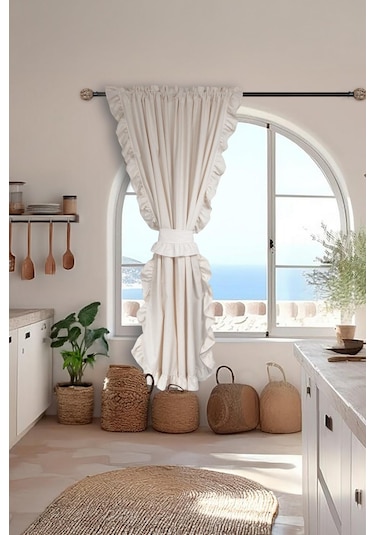 Fırfırlı Keten Perde Tek Kanat Romantik Volanlı Bağlamalı Krem