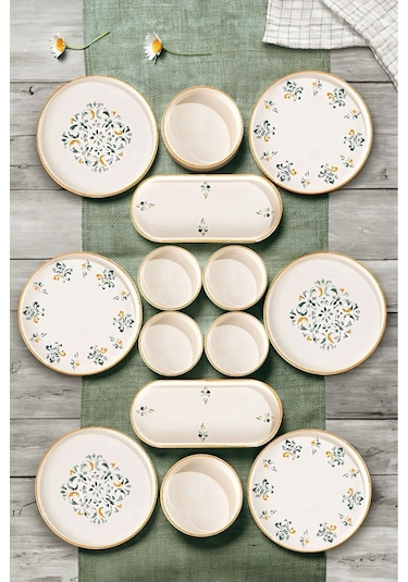 14 Parça 6 Kişilik Sıla Stackable Kahvaltı Takımı - Lüx Kahvaltılık Sunum Seti Tabağı Turuncu Mint