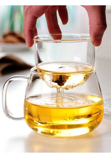 Qerhome Borosilikat Cam Süzgeçli Bambu Kapaklı Kupa 350 Ml Şeffaf