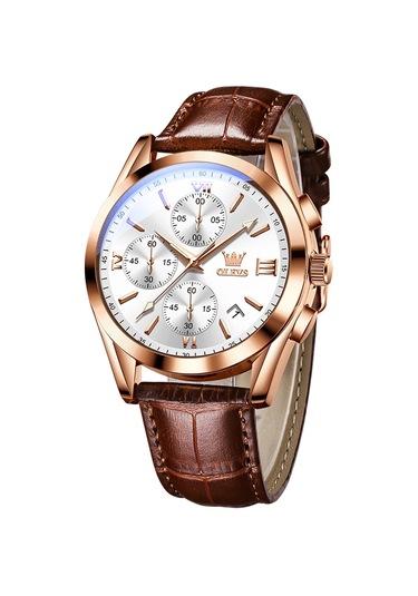 Olevs 2872 Erkekler Üç Göz Altı İğne Kronograf Su Geçirmez Kuvars Saat Beyaz + Gül Altın